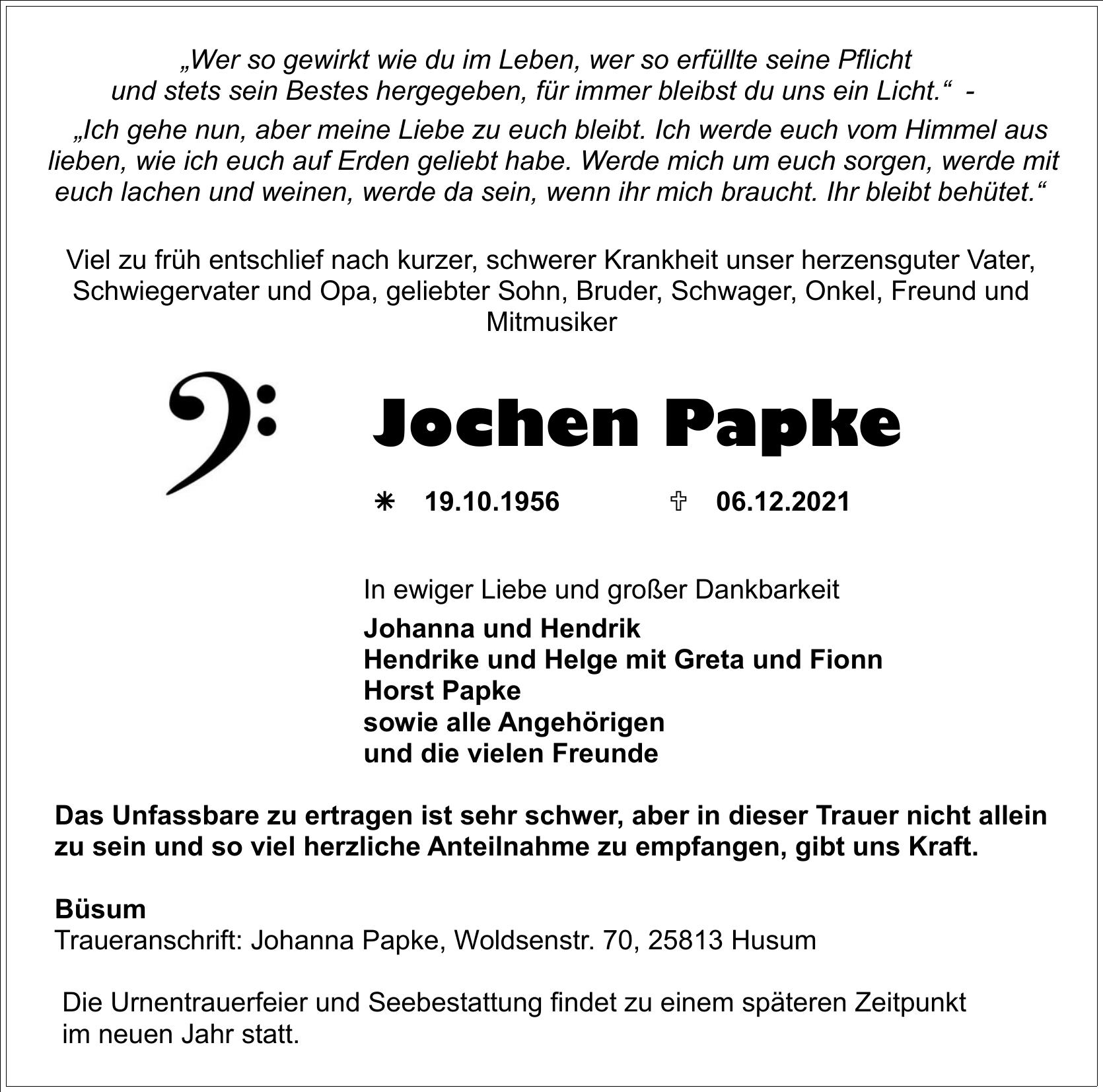 Todesanzeige von Jochen Papke 2021